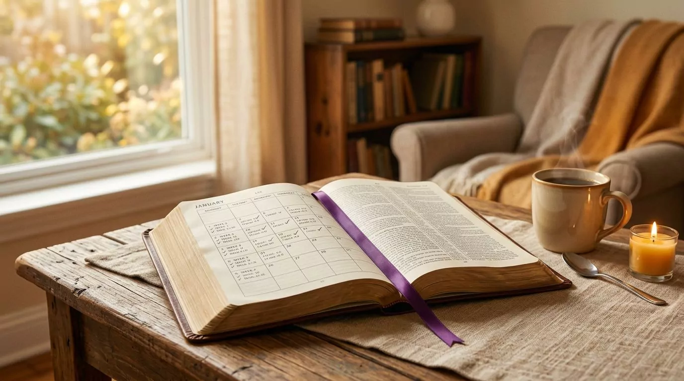 Open Bible with reading plan calendar and purple bookmark
