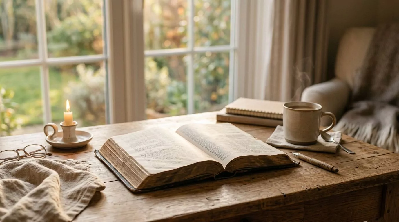 Open Bible with warm golden light on a wooden desk