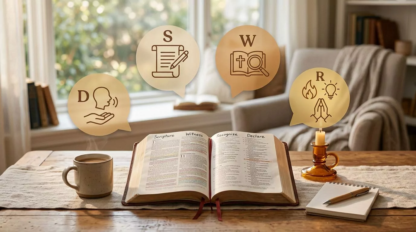 Four question bubbles around an open Bible showing SWORD method framework