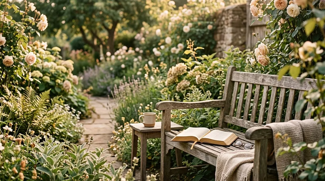 A peaceful garden with a bench and open Bible