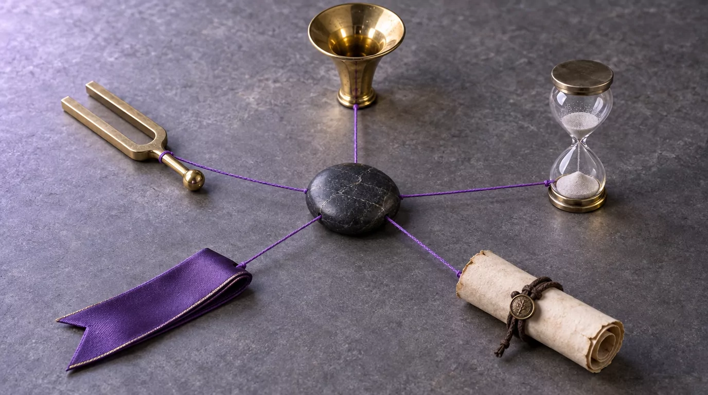 Hub and spoke diagram linking one central stone to five objects, one for each proposed Selah meaning