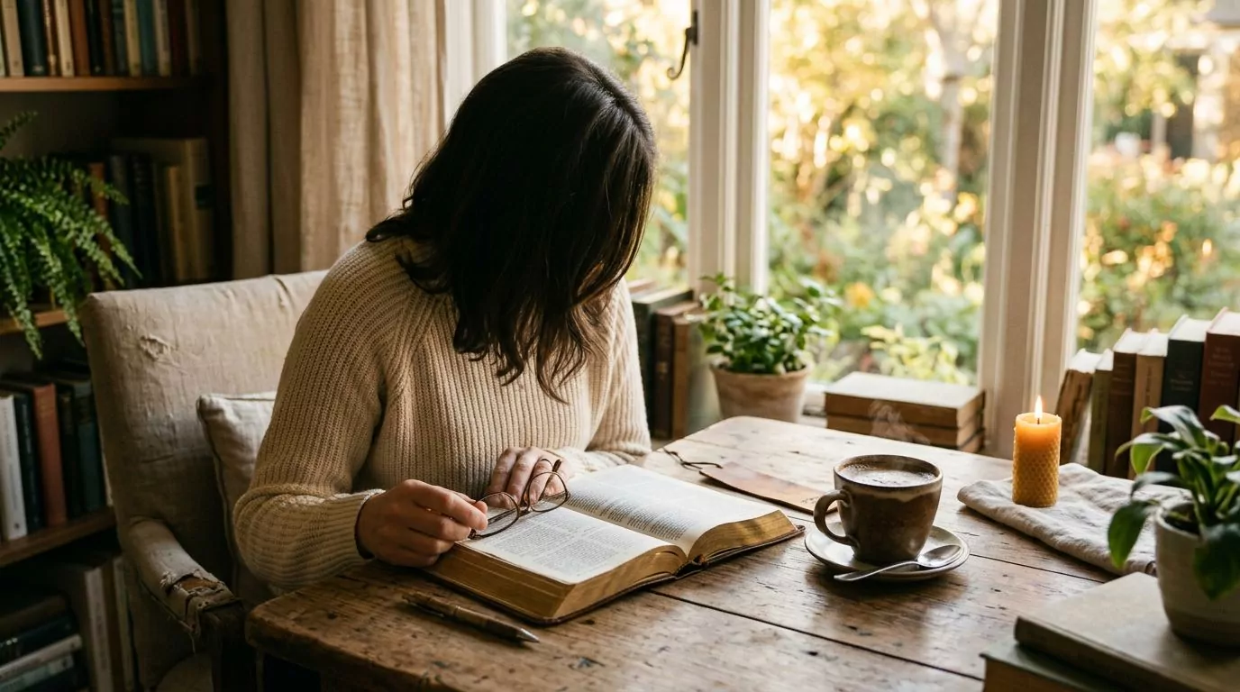 Person reading Bible with coffee in soft morning light