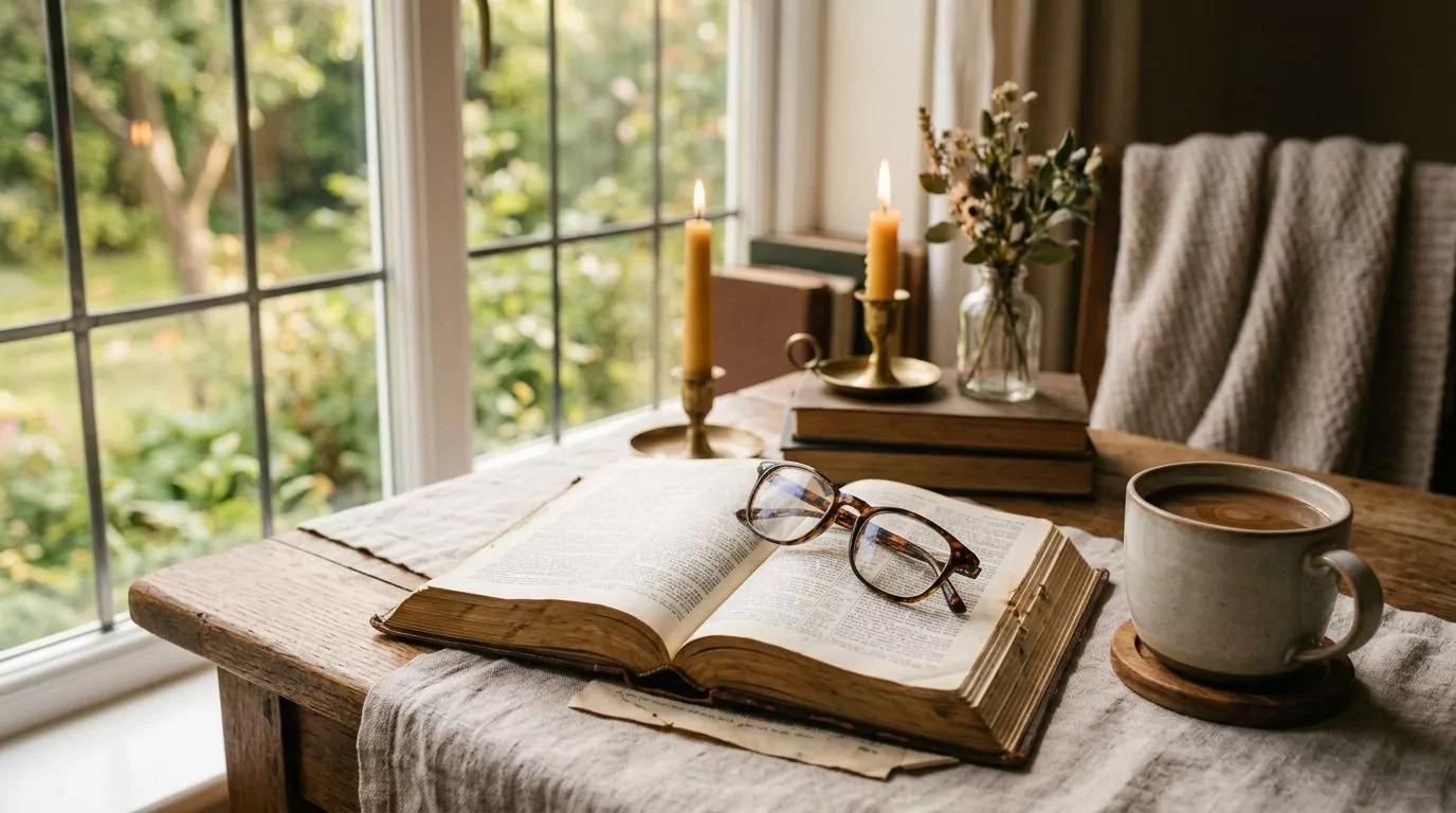 Bible with reading glasses on a cozy desk