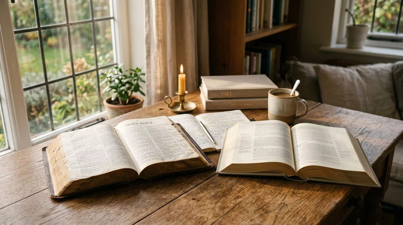 Two Bible translations side by side on a desk with study notes
