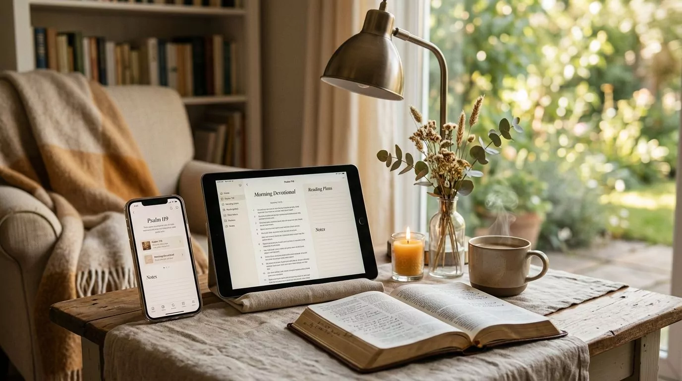 Smartphone and tablet showing Bible study apps