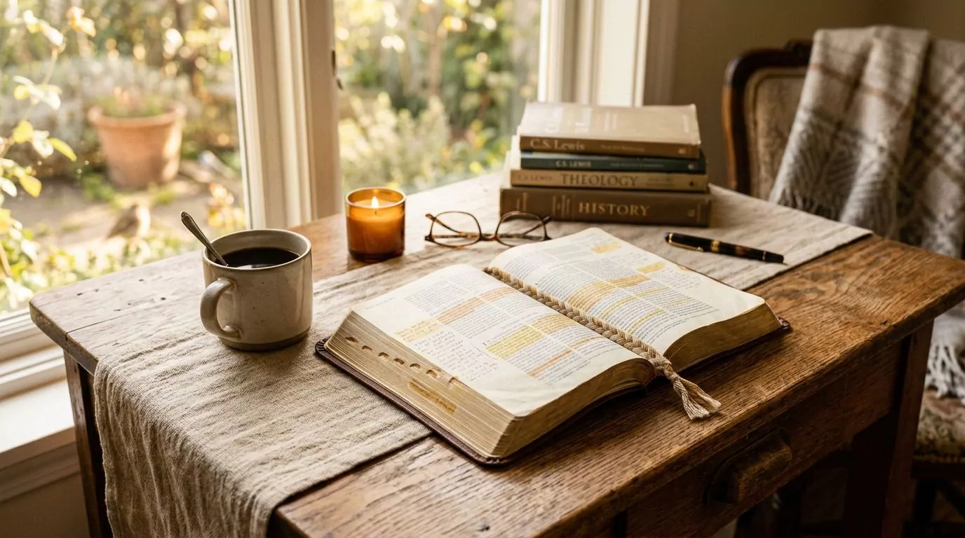 Open Bible on a study desk with highlighted passages