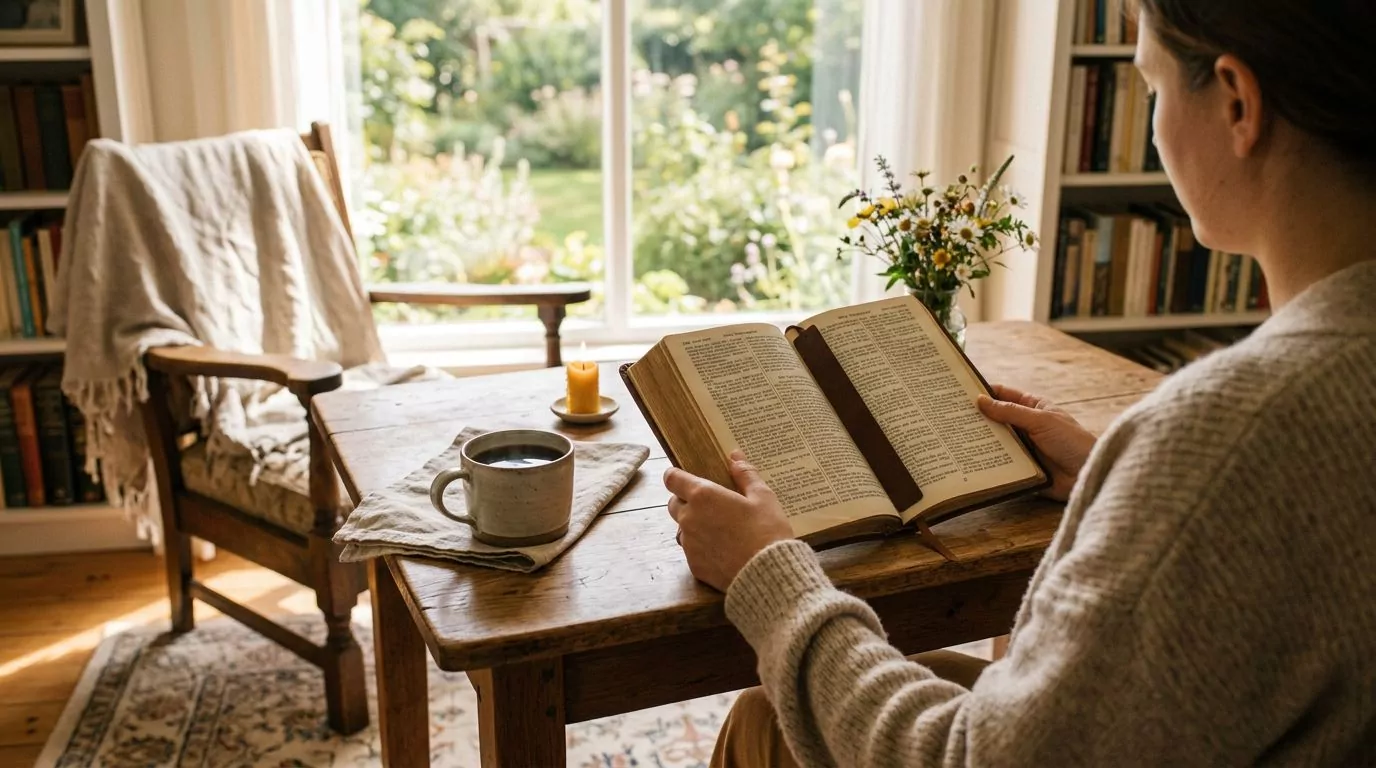 A warm scene of someone reading a Bible with morning light and coffee