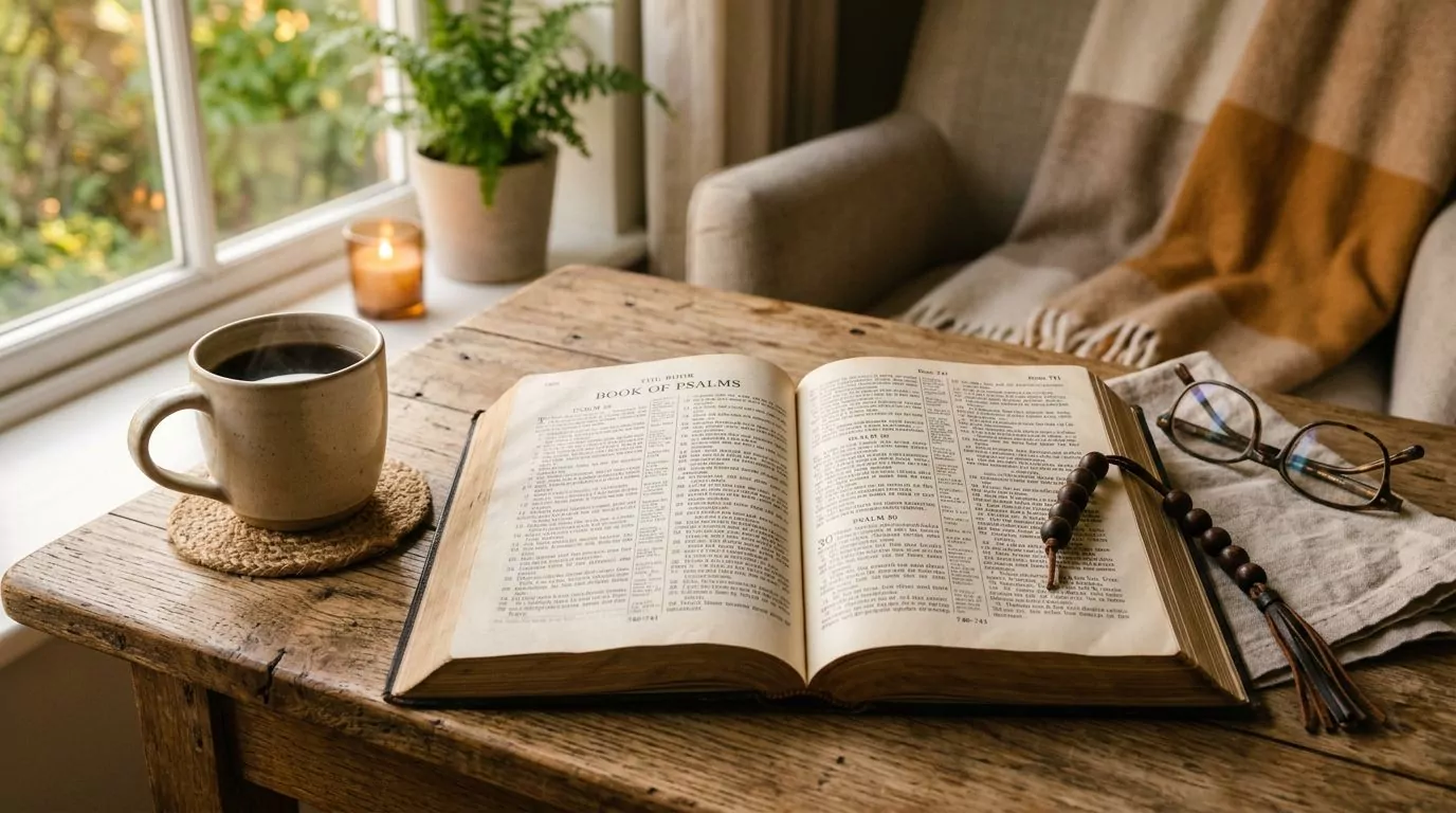 Open Bible showing the book of Psalms with soft morning light