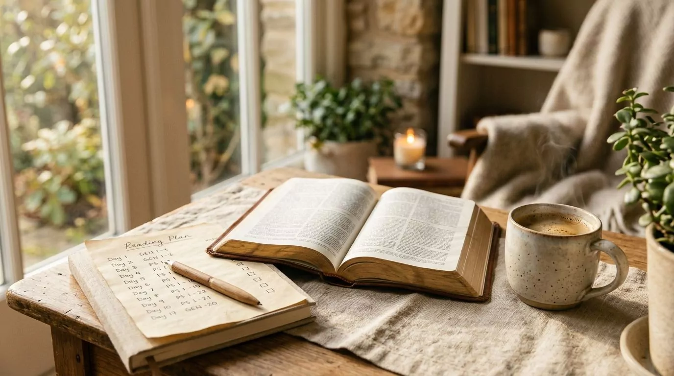 Open Bible with reading plan schedule and coffee cup in peaceful setting