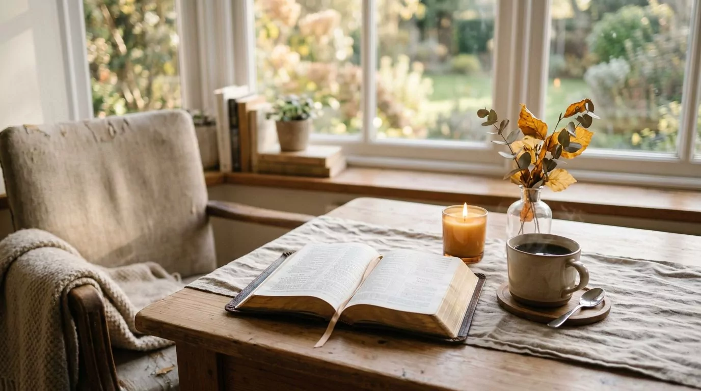 A cozy morning reading spot with a Bible and coffee