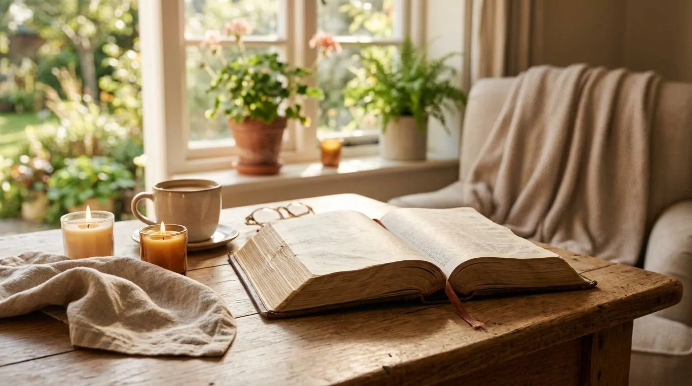 Open Bible on table with warm morning light