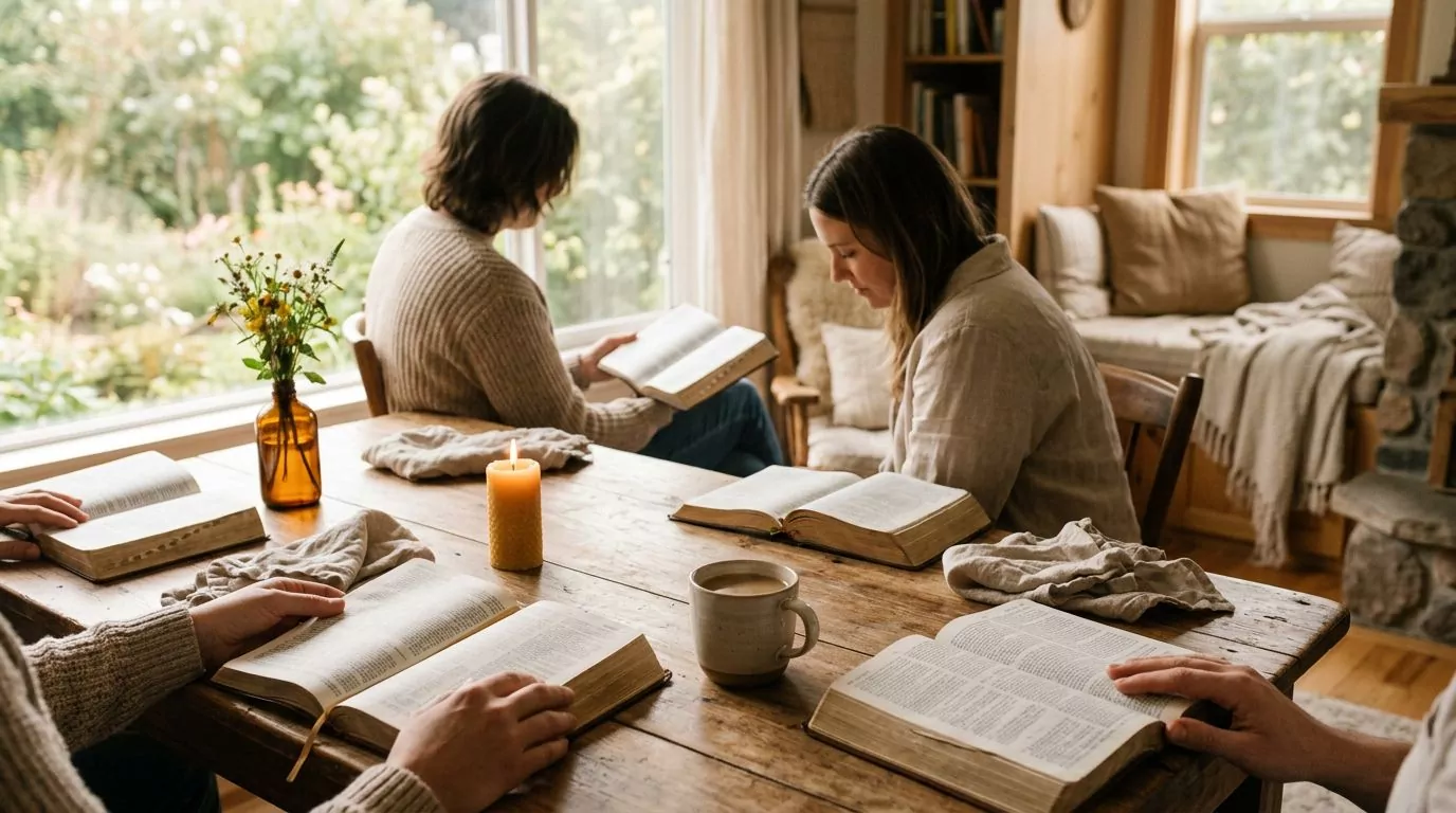 Community of people reading Bible together