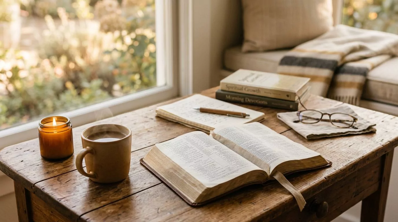 Bible study materials on a wooden desk with warm morning light