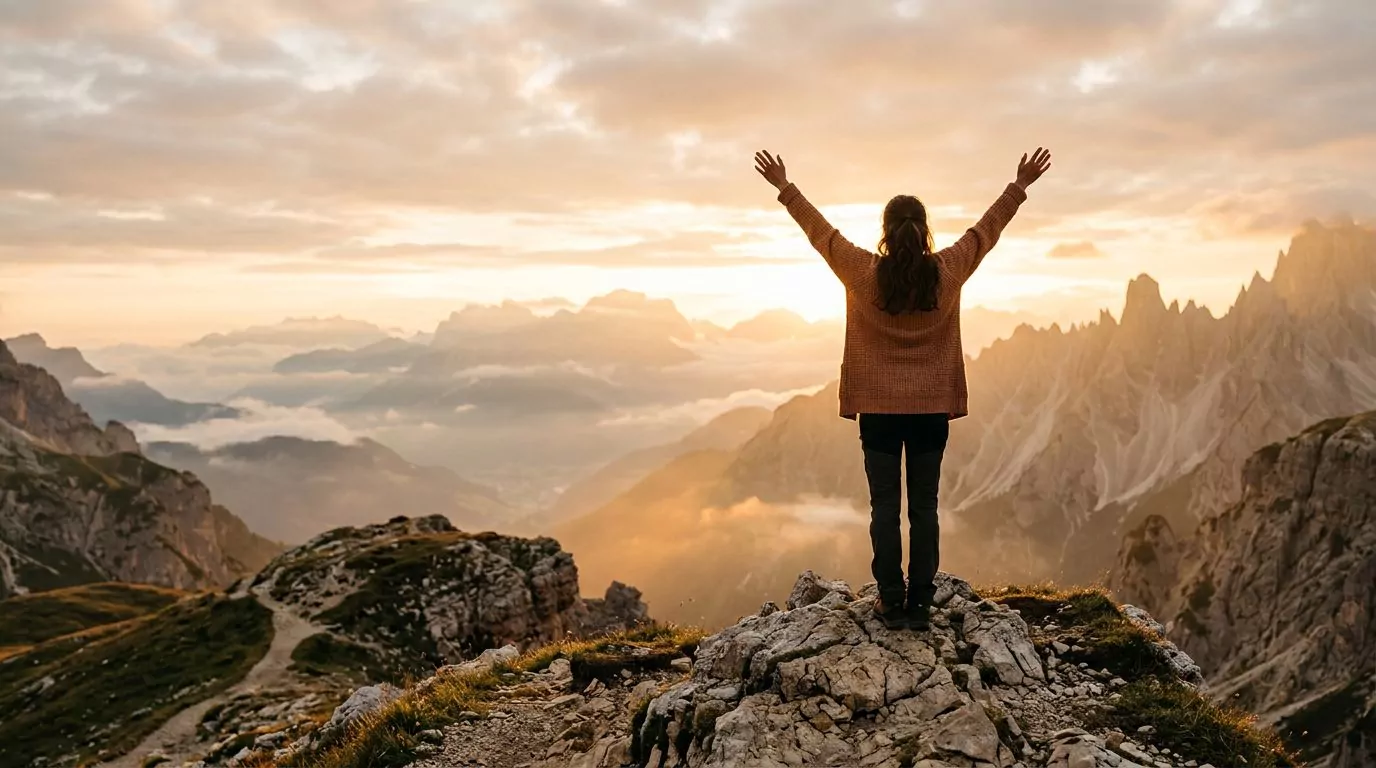 A person with arms raised at sunrise on a mountaintop