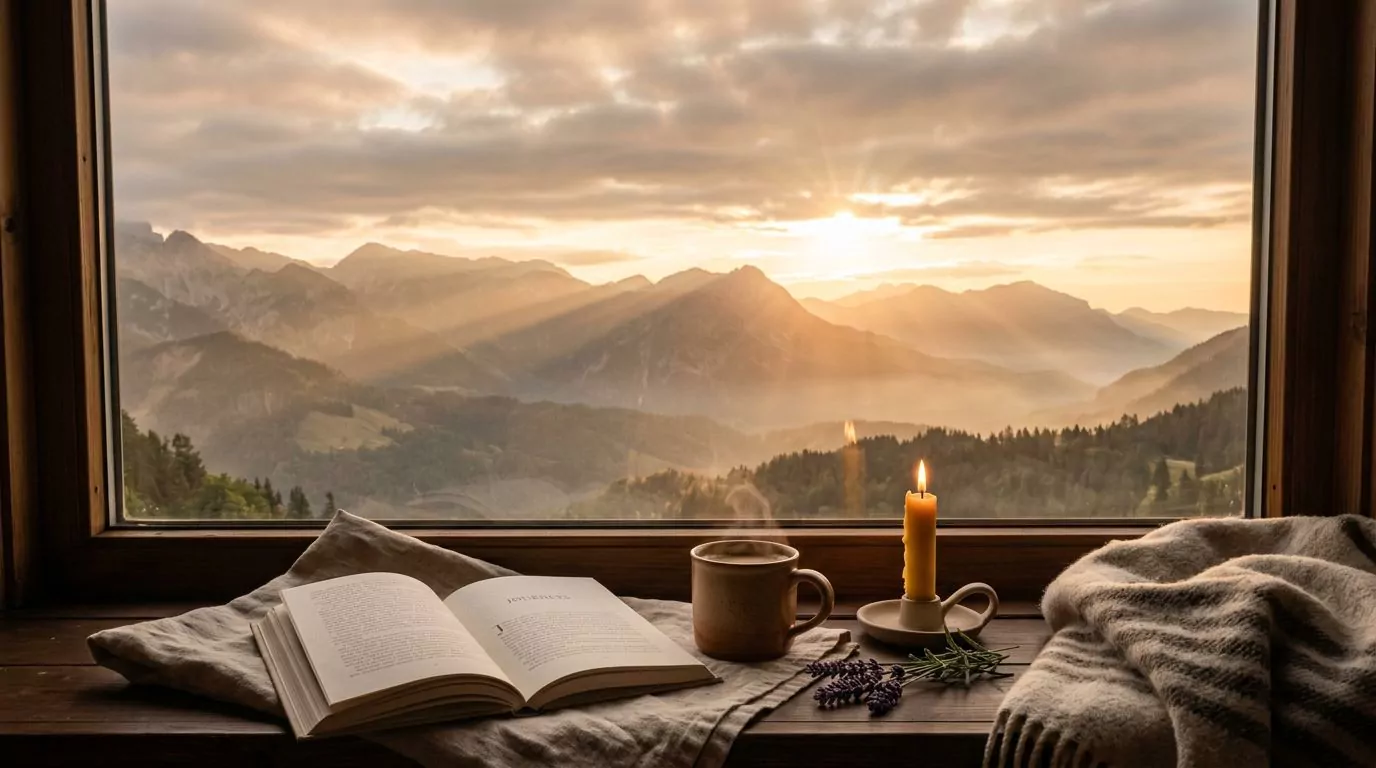 Peaceful sunrise over mountains with rays of light breaking through clouds, symbolizing hope and new beginnings