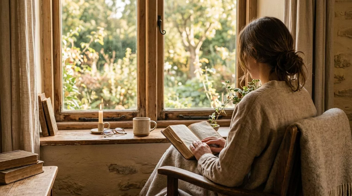 A person reading the Bible peacefully by a window with warm morning light