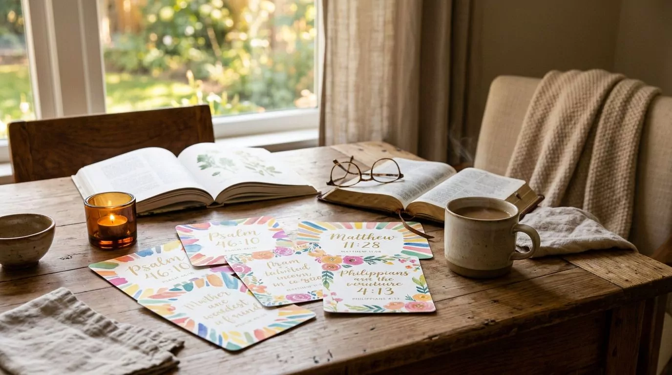 Colorful flashcards with Bible verses on a table