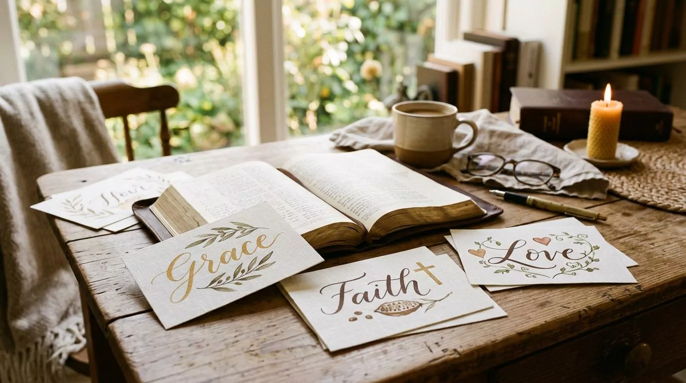 Topic cards with themes like Grace, Faith, Love arranged around an open Bible