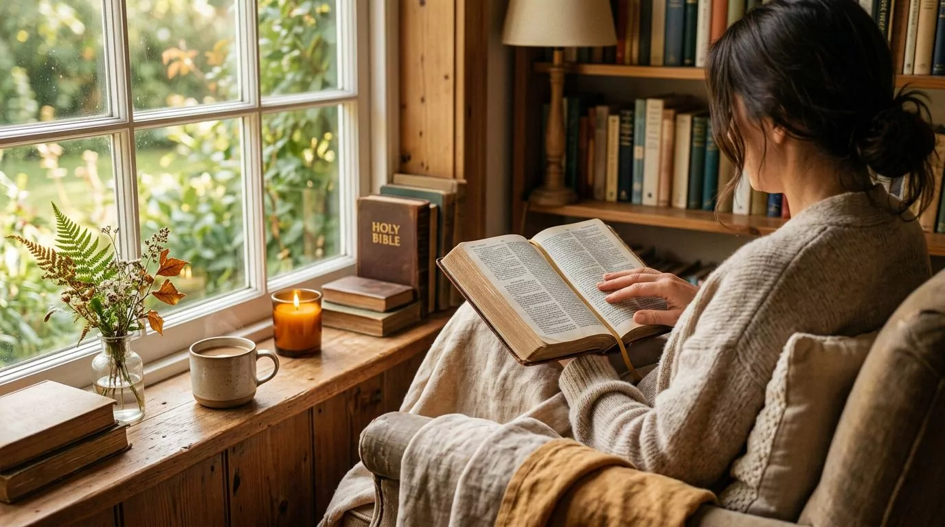 Person reading the Bible in a cozy reading nook
