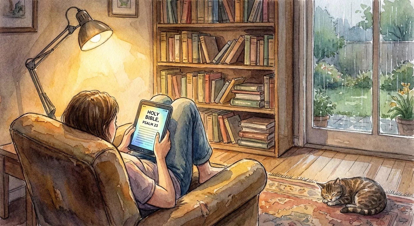 Person reading the Bible on a tablet in a cozy study room