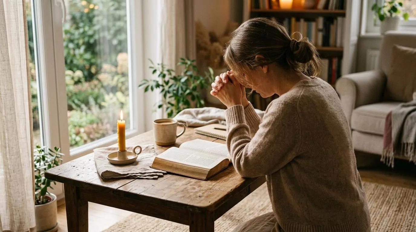 Person praying for forgiveness with hands clasped, soft light representing God's grace and mercy
