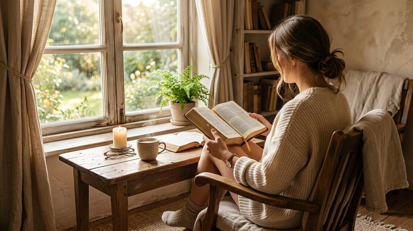 A person reading the Bible peacefully by a sunlit window