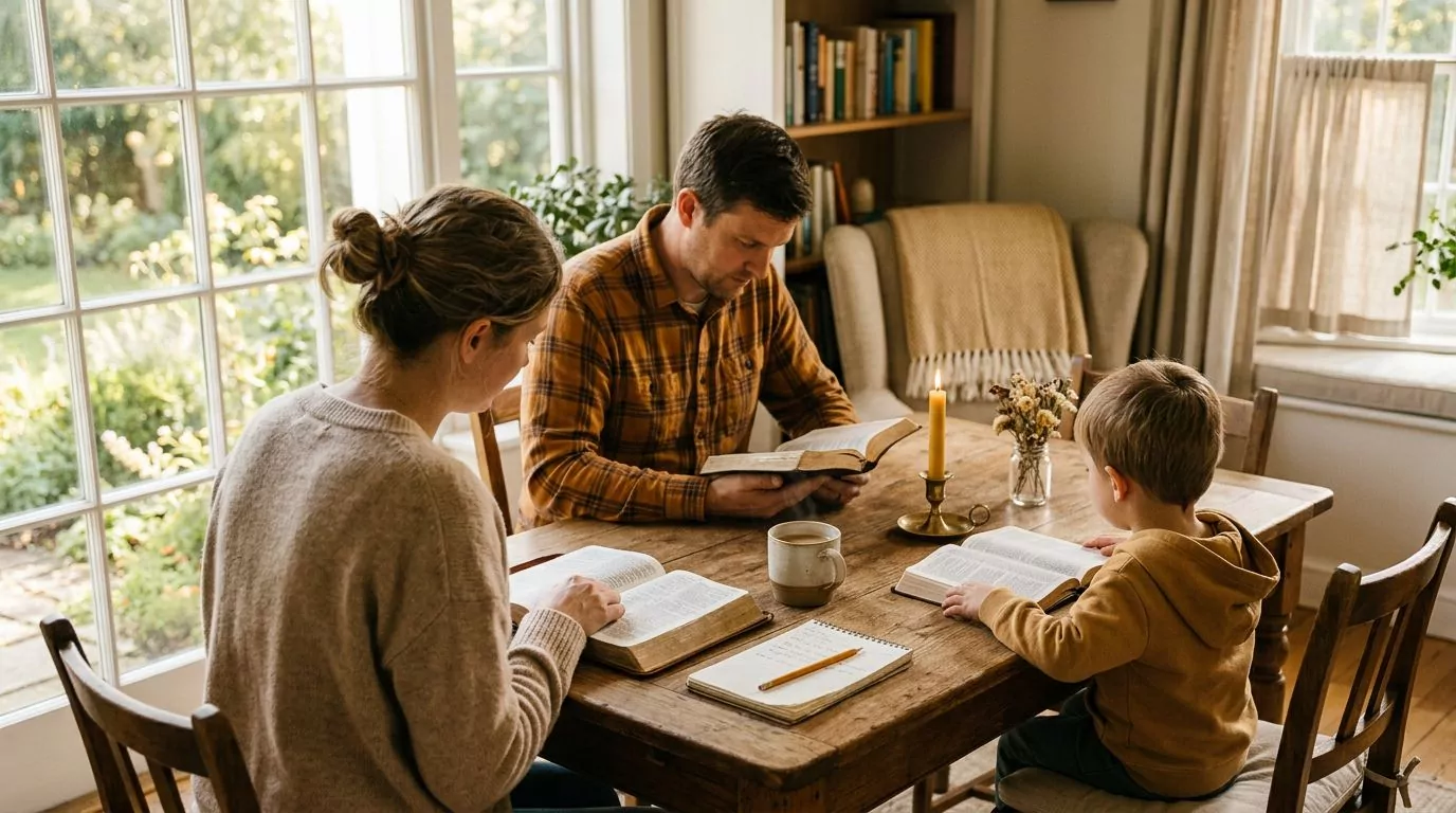 Family studying Bible together in warm home setting
