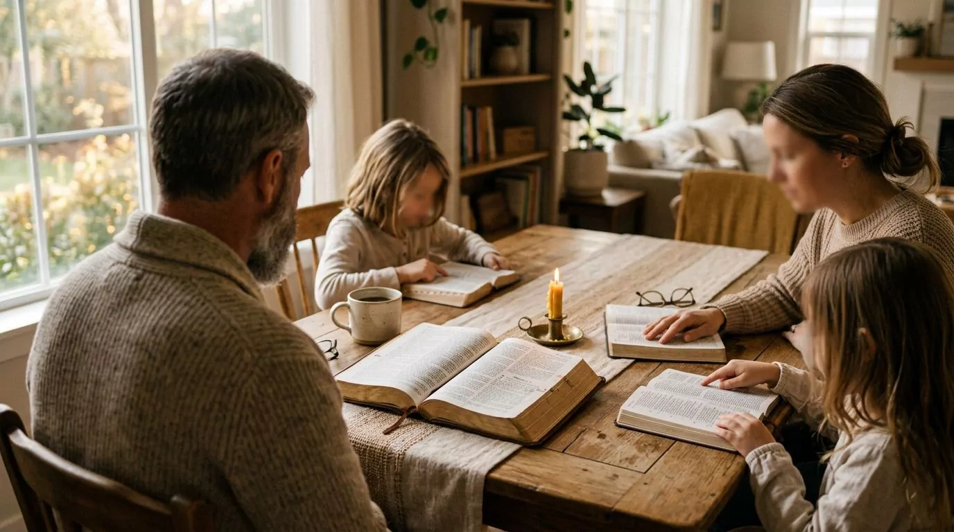 A family gathered around a table reading the Bible together