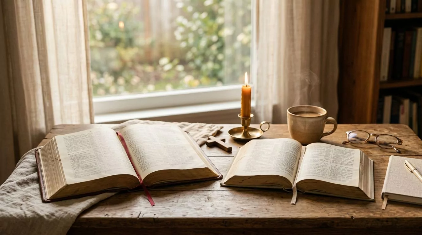 Bibles open for comparison on a study desk