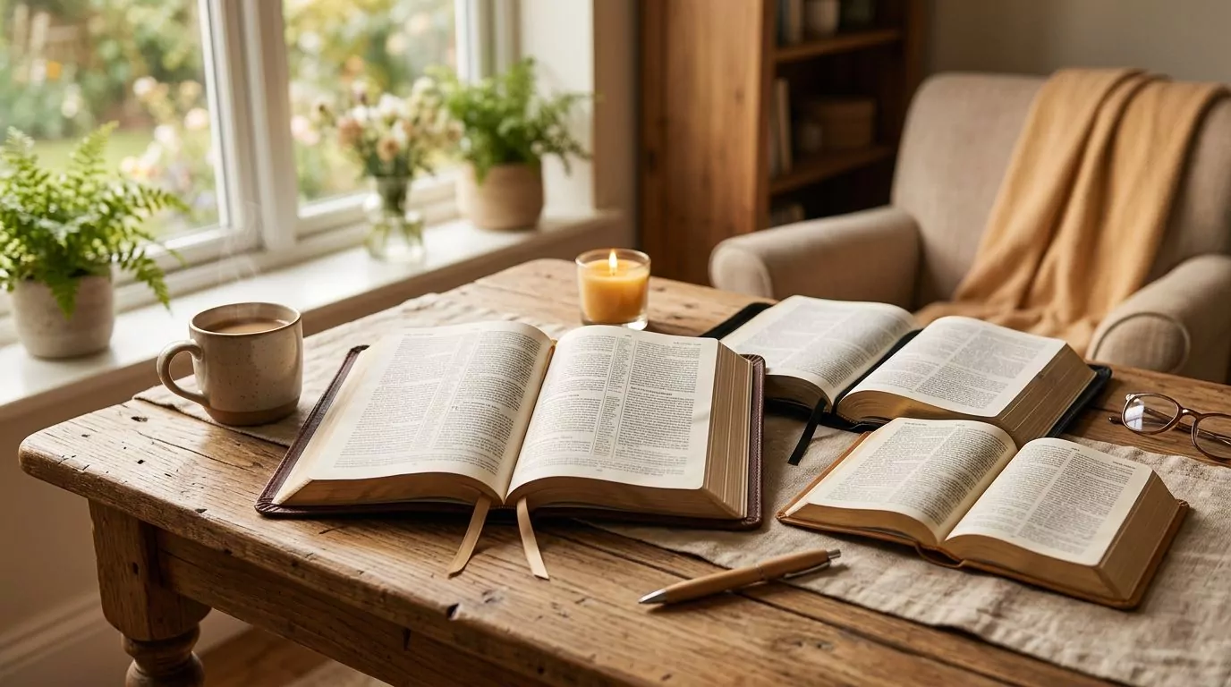 Bible translations side by side on a wooden table with the NIV prominently featured