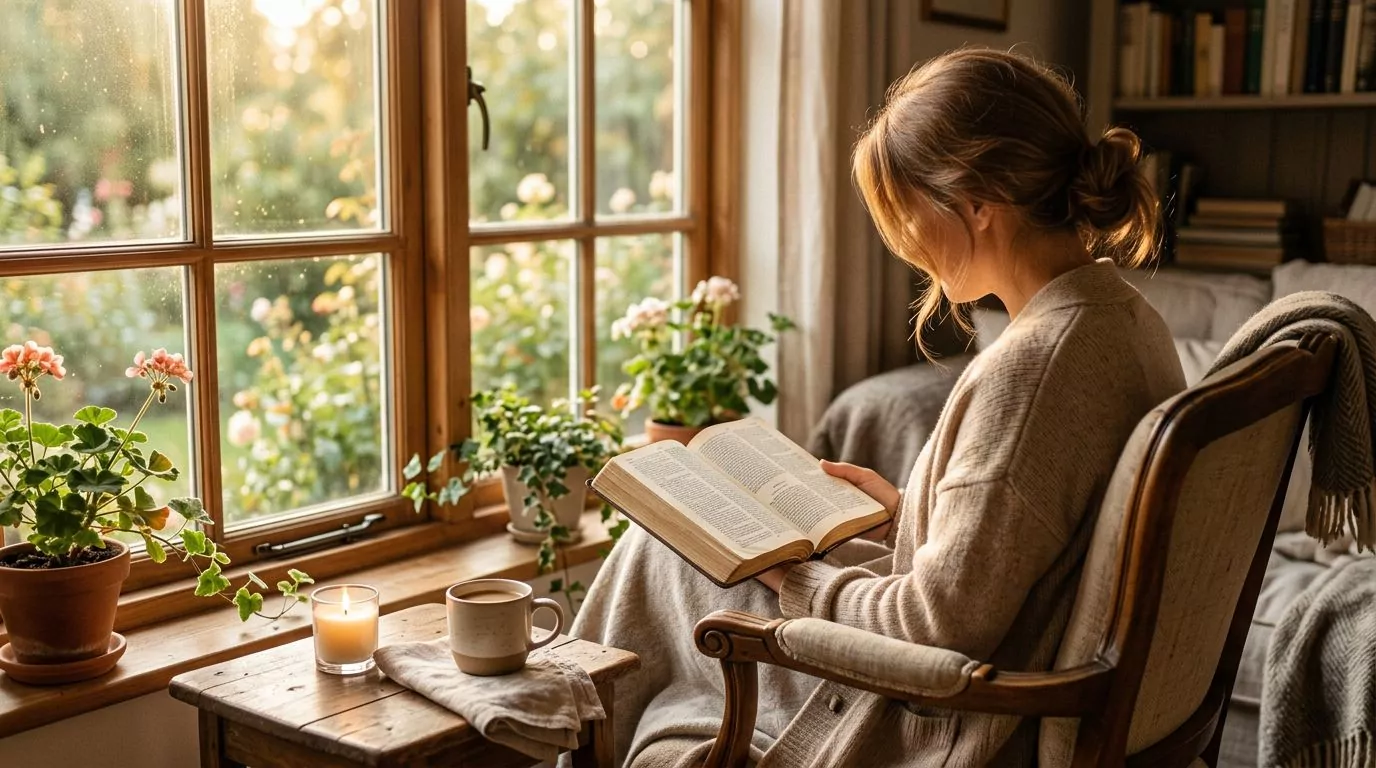 Person reading Bible peacefully by window in golden light