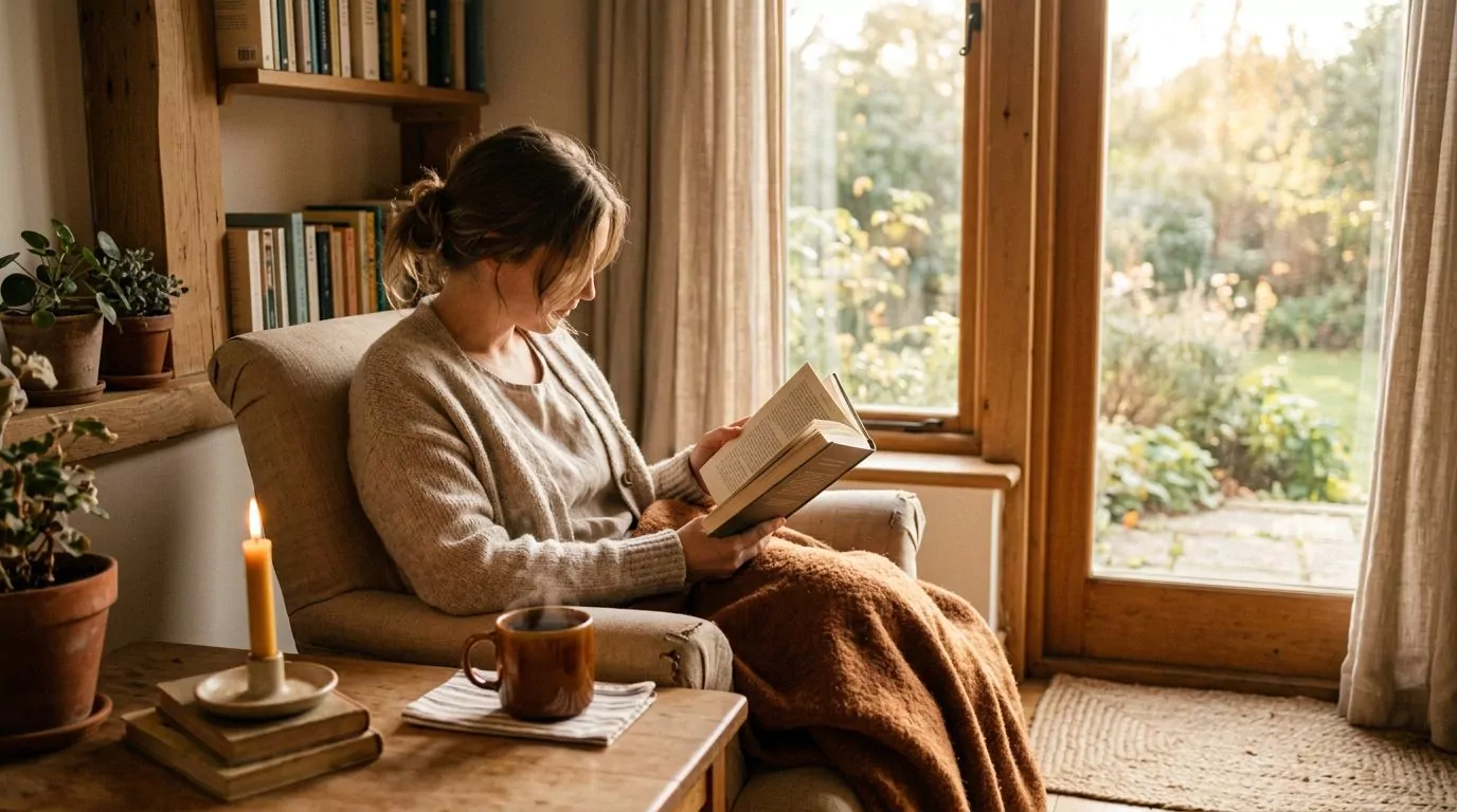 Person peacefully reading with morning light