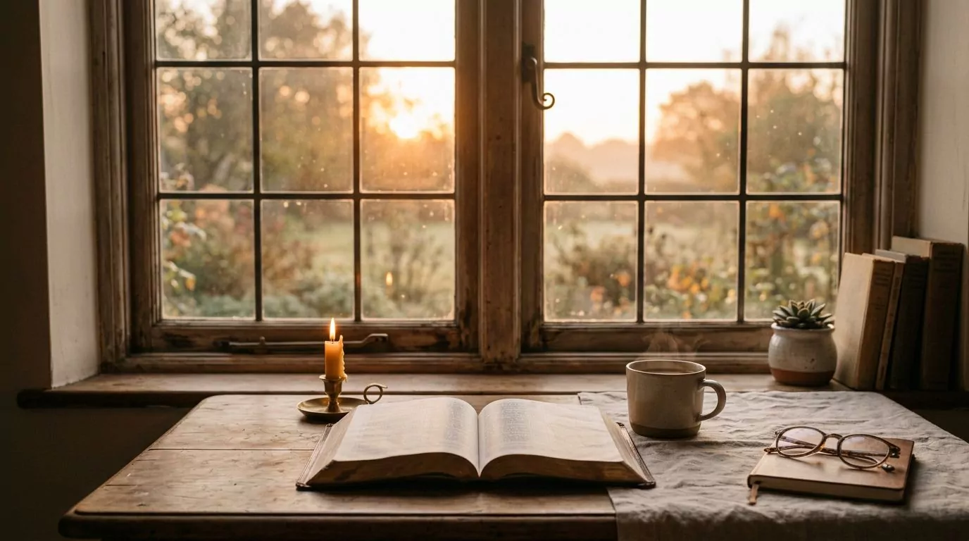 Sunrise through window with open Bible