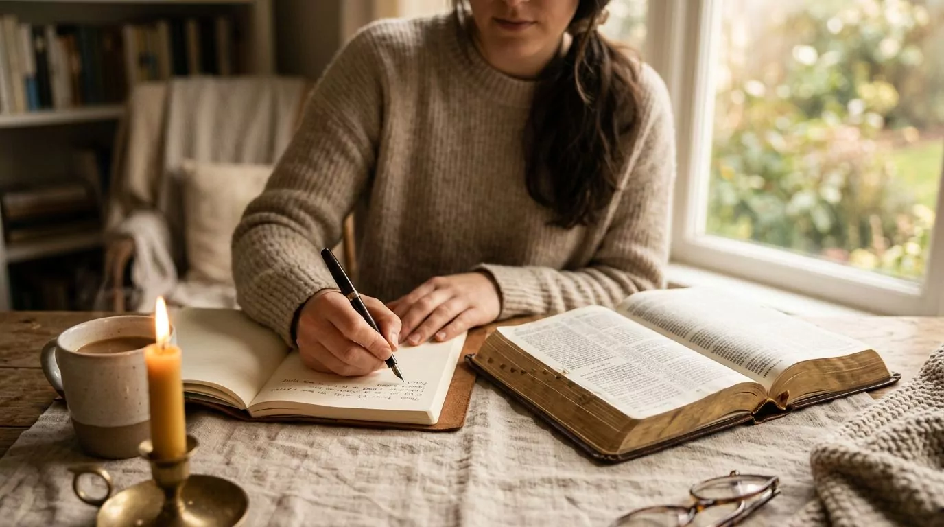Person writing in a journal with a Bible open beside them, warm golden light