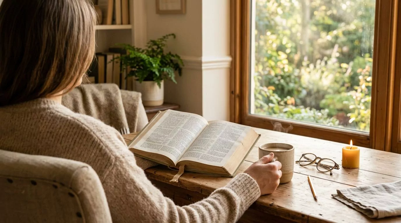 Person reading Bible with coffee in morning sunlight