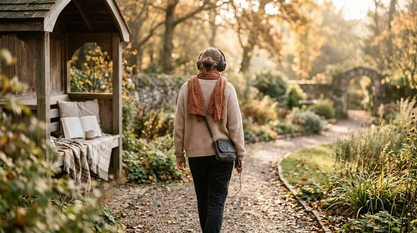 Person listening to audio Bible with headphones on a peaceful walk