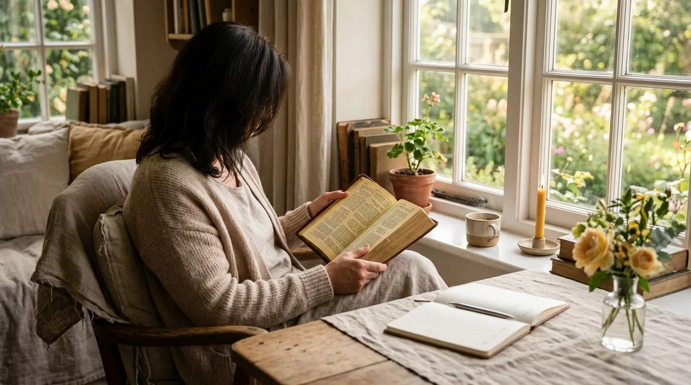 Person reading Bible by a sunlit window