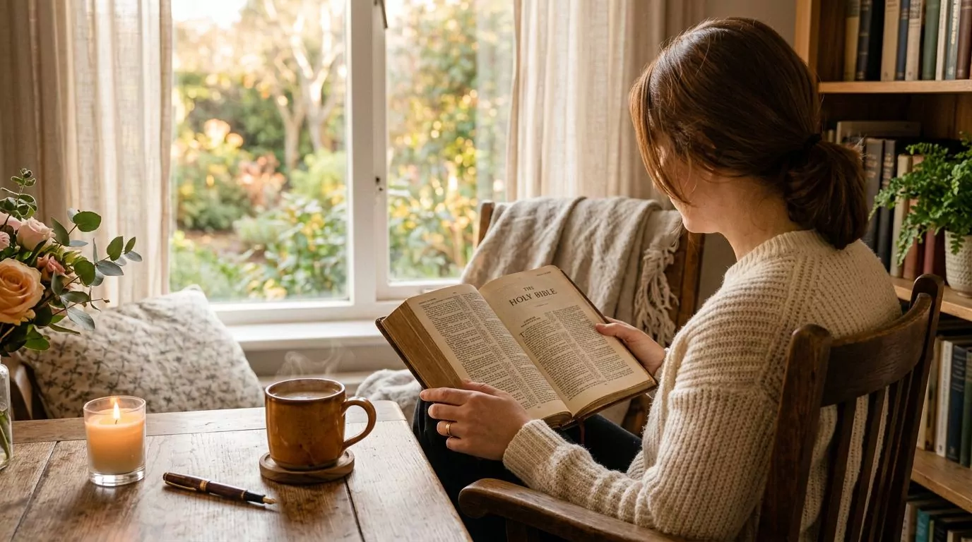 Person reading the Bible with a cup of coffee in warm morning light