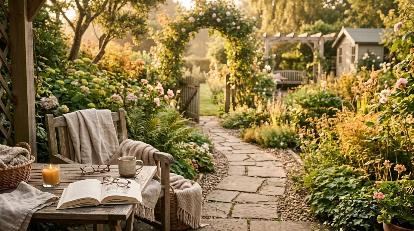 Peaceful garden pathway with morning light