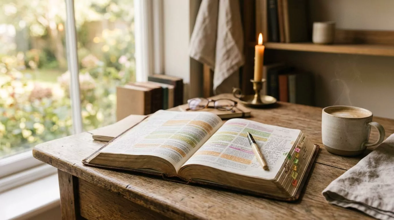 Bible with colorful highlights and notes on a study desk
