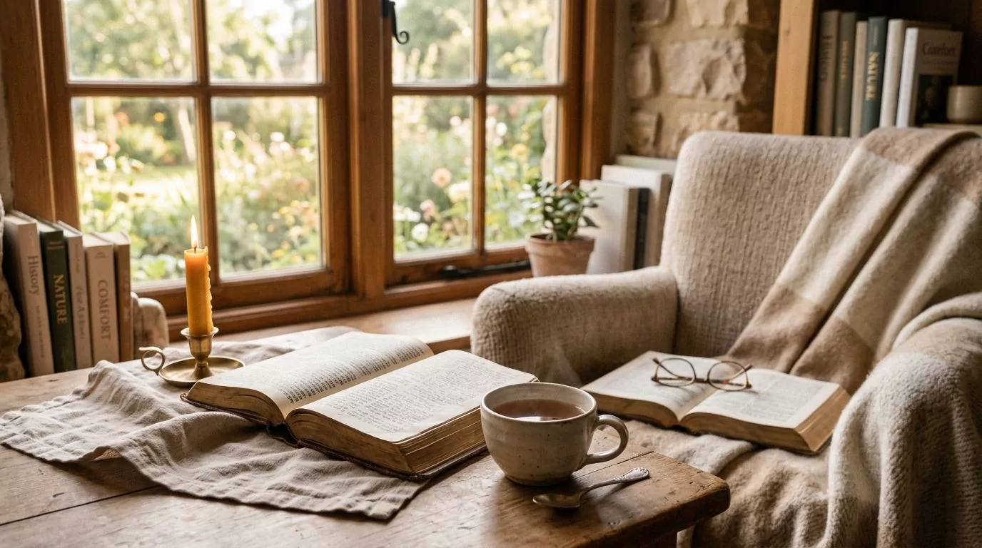 Cozy reading nook with Bible and tea
