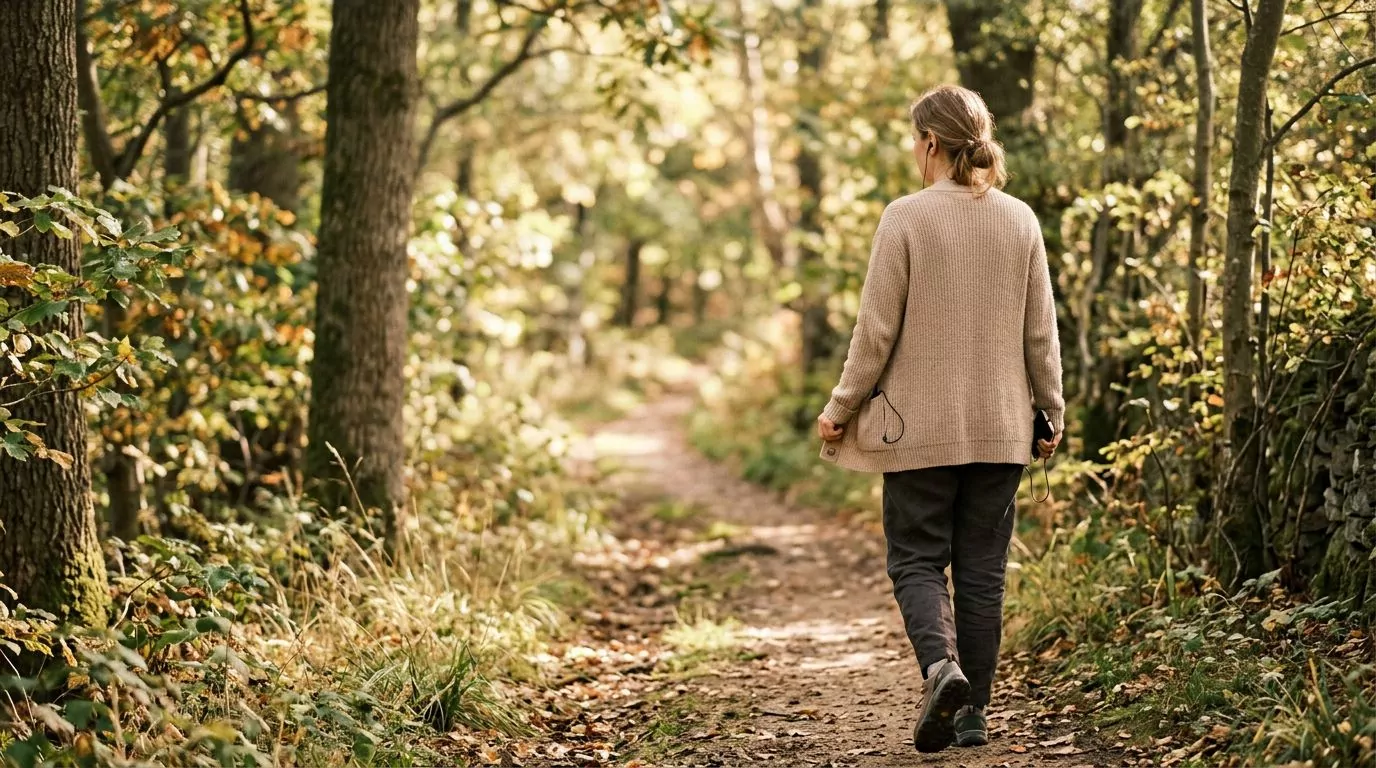 Person walking in nature while listening to audio Bible