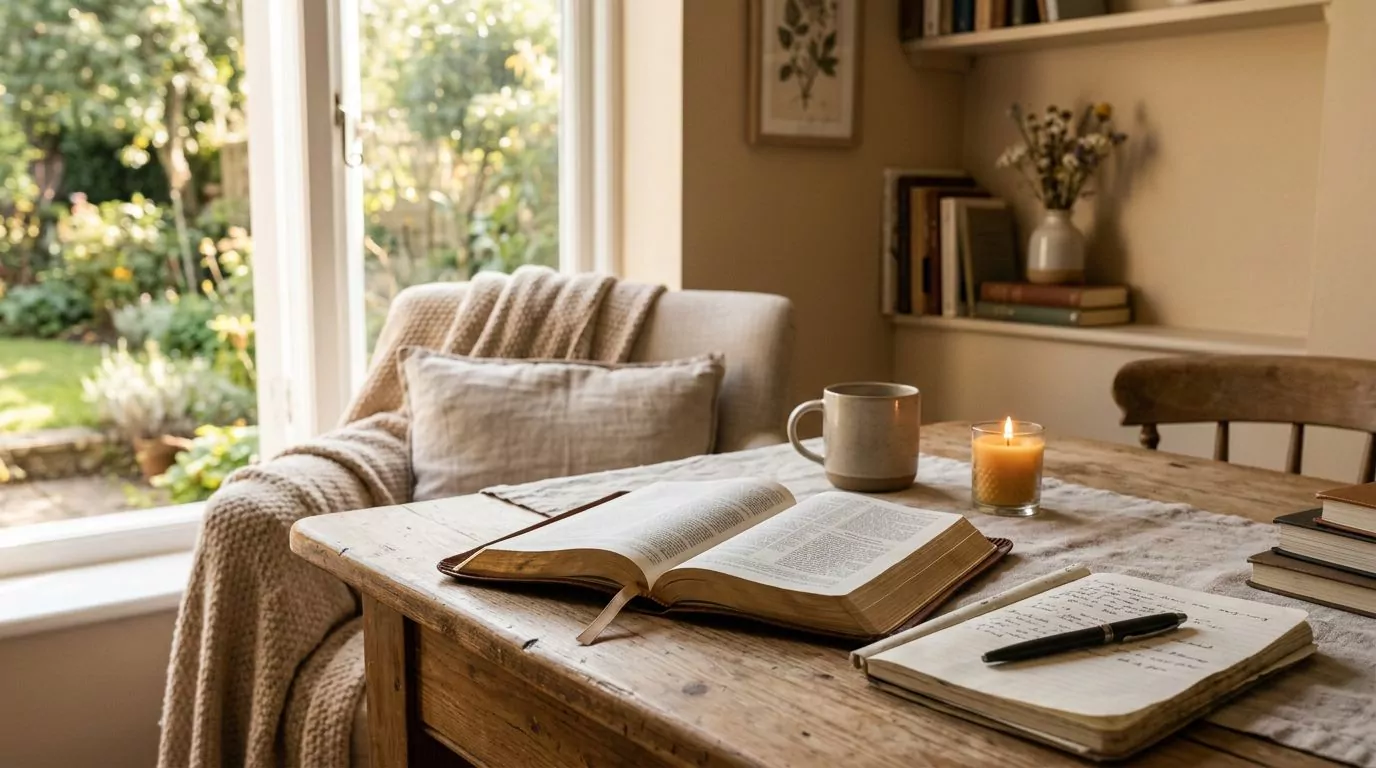 A peaceful study scene with an open Bible and notebook