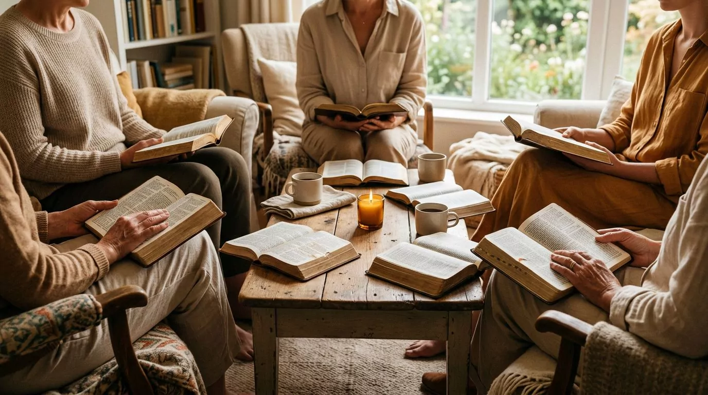 Small group of people reading Bibles together in a circle