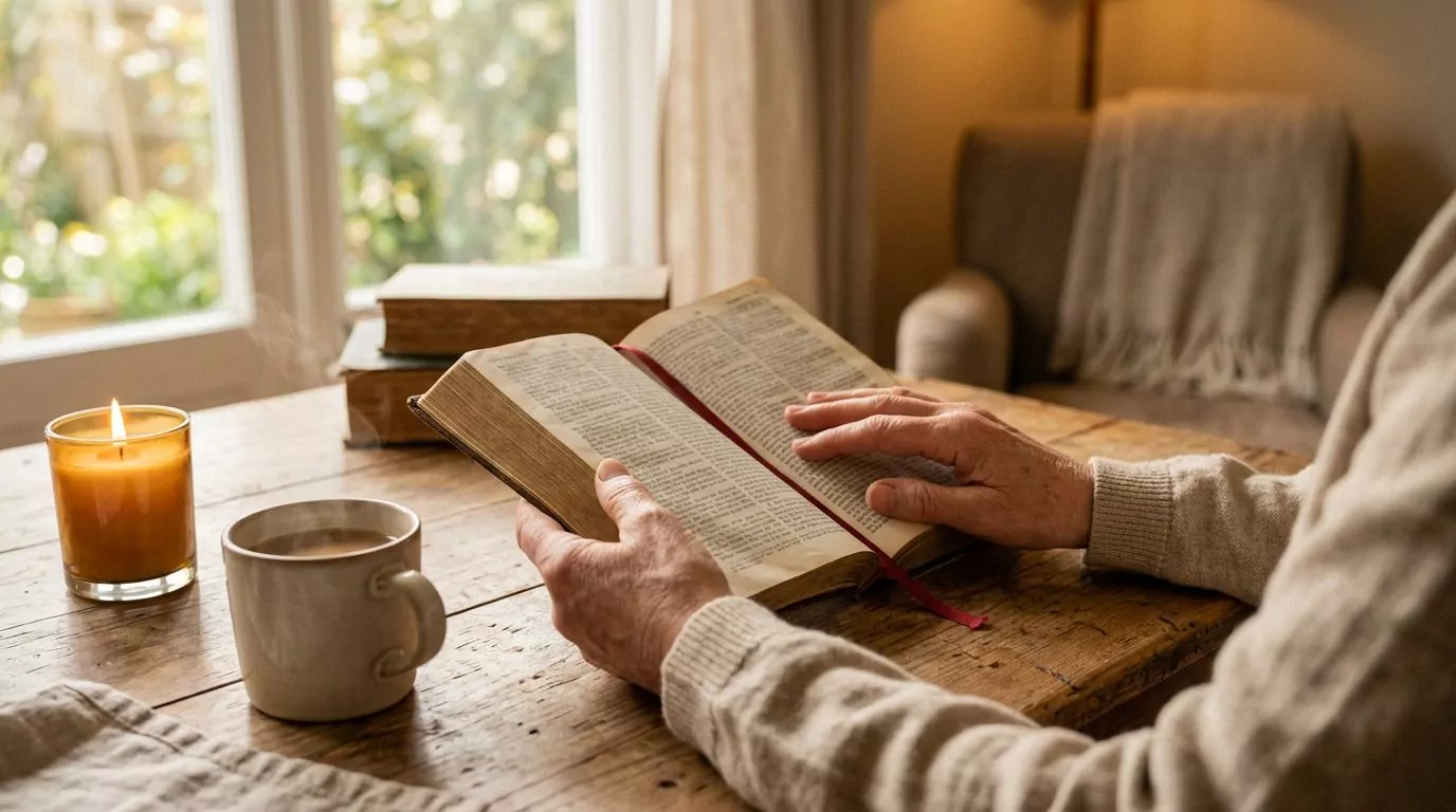 Hands holding an open Bible with warm lighting