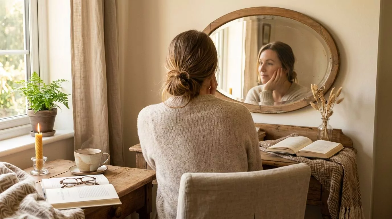 Person looking in mirror with compassion, representing self-forgiveness and grace with gentle morning light
