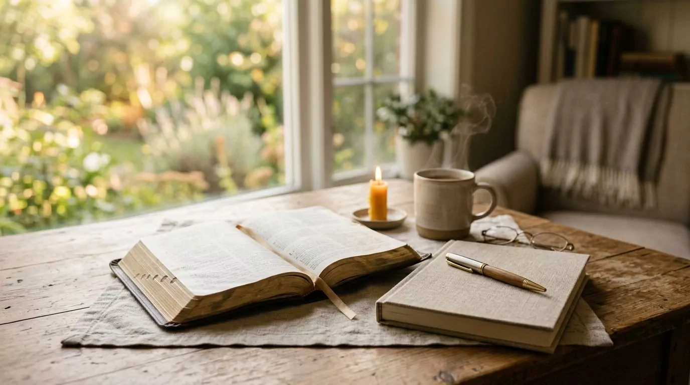 Bible with journal and pen for devotional reading