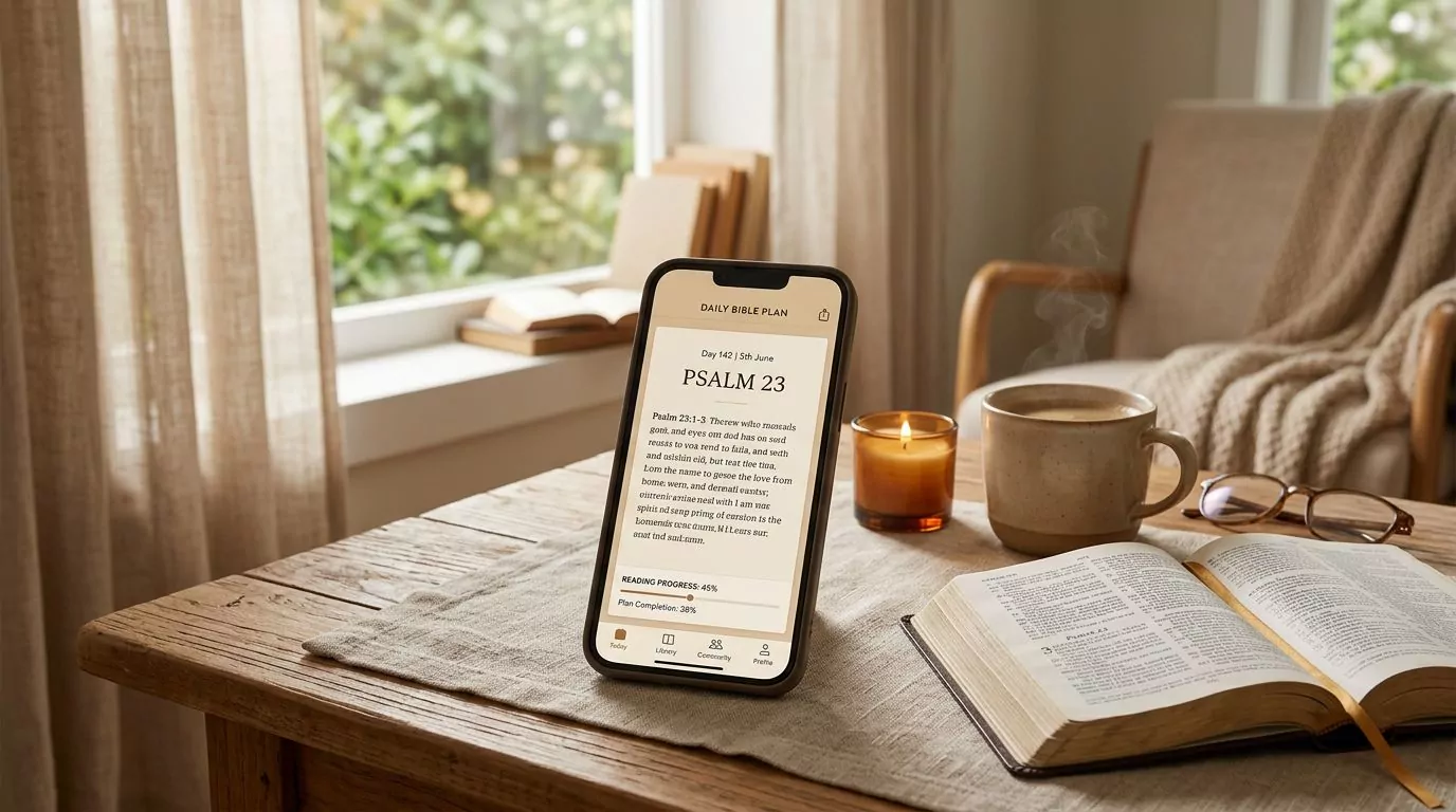 Mobile phone showing Bible app interface with reading progress and daily reading plan