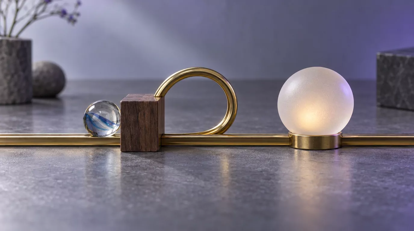 Marble on a brass rail meets a stop block, a loop back over the rail, then a glowing sphere before the rail goes on