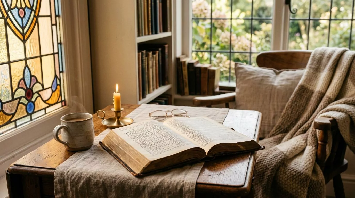 A classic King James Bible in a traditional setting with warm stained glass light